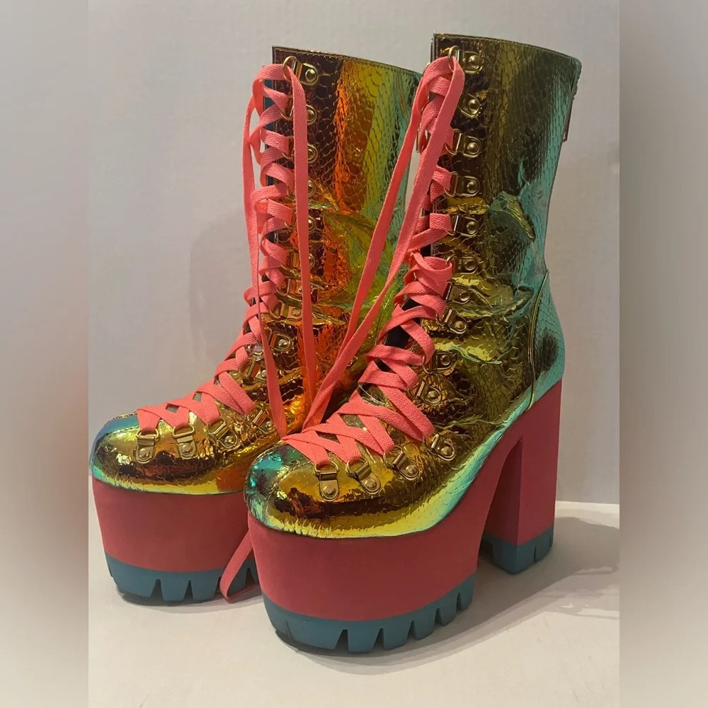 Dolls Kill Iridescent Gold Pink Platform Boots